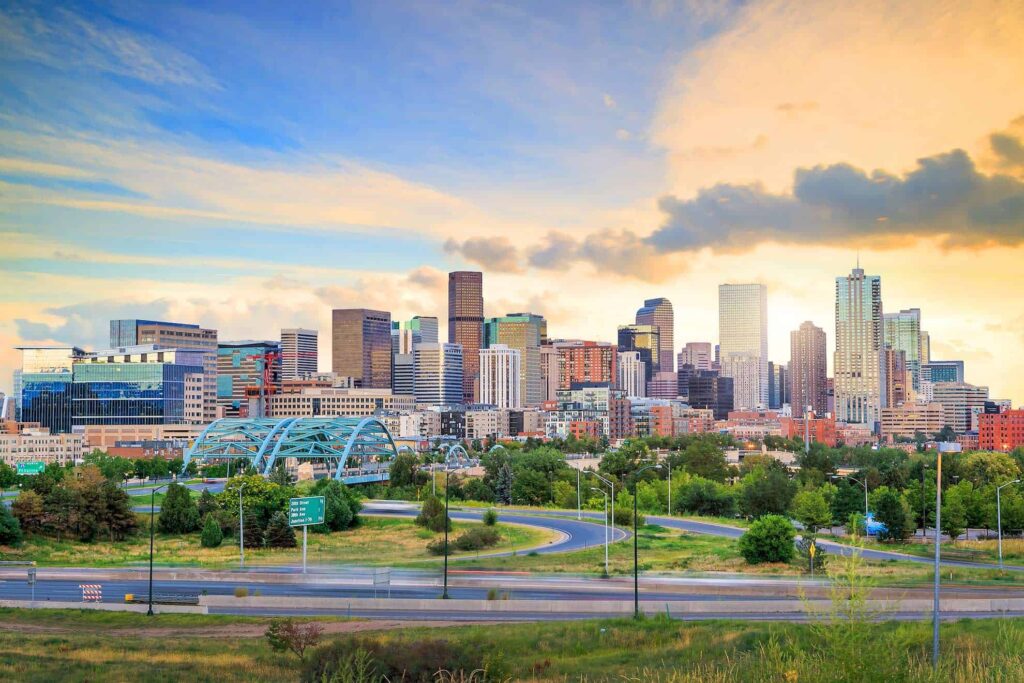 Arial view of downtown showing the community Family Tree Cares can provide home care in Denver for aging loved ones.